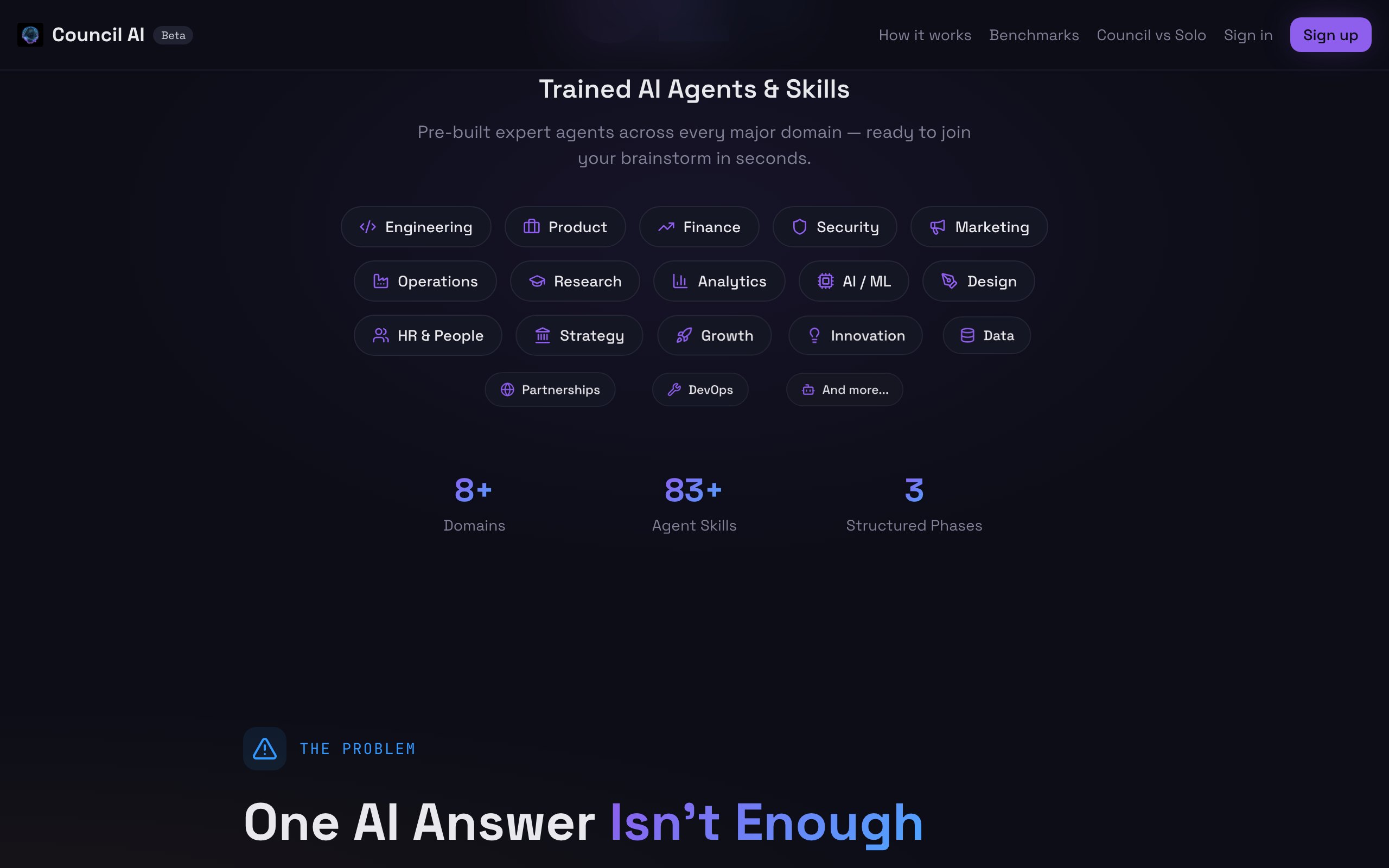Council AI expert roster across domains like engineering, product, finance, and security