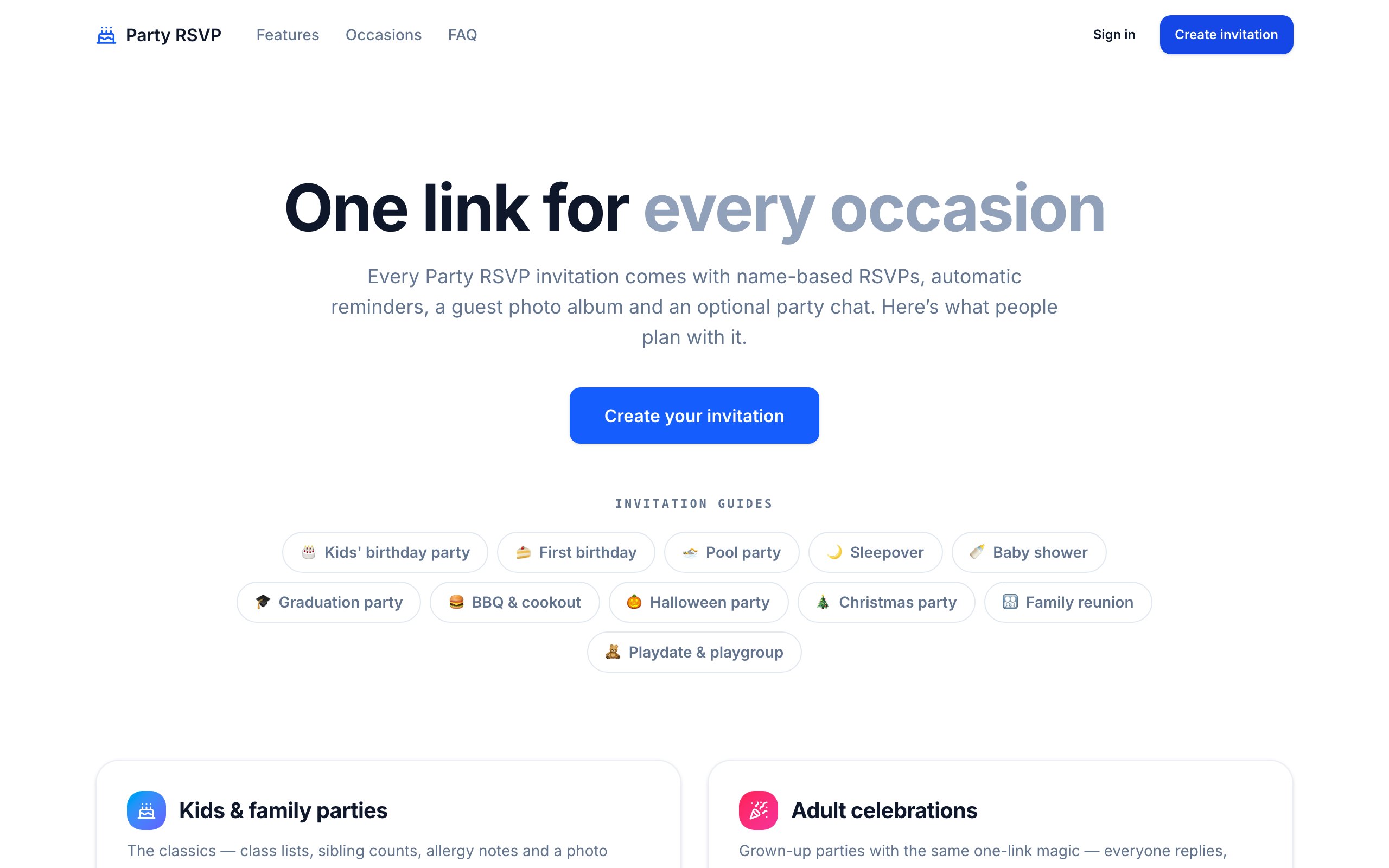 PartyRSVP showing one shareable link across many kinds of events
