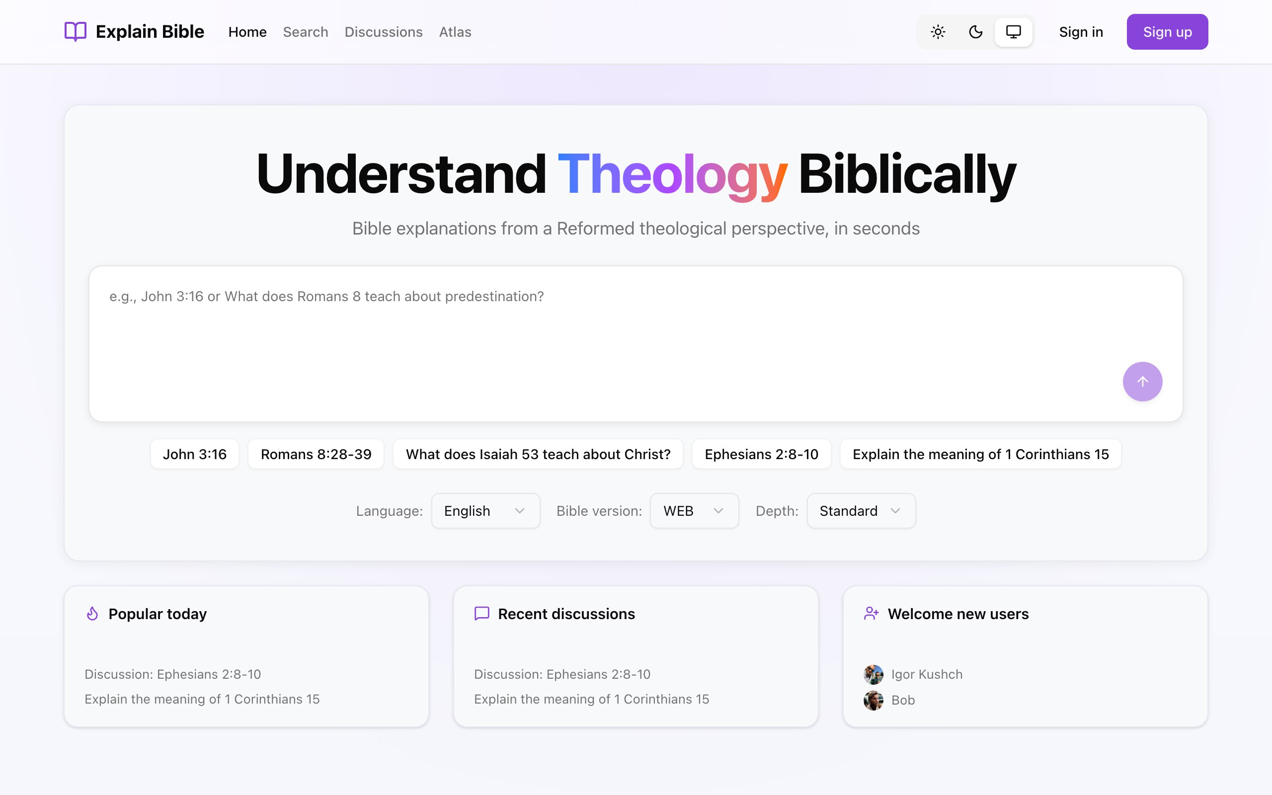 ExplainBible home screen where a user asks a theology question in plain language